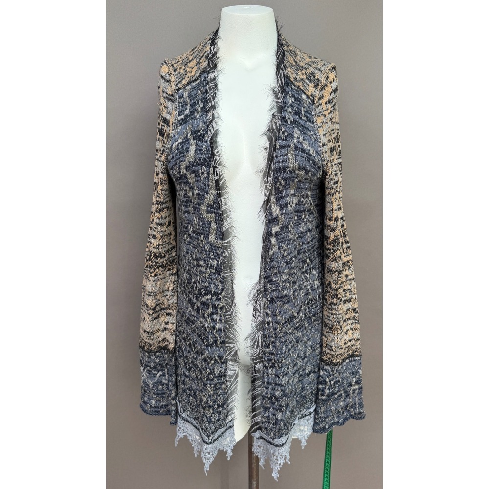 Gimmicks BKE Cardigan M Blue Tan Lace Chiffon Back Fringe Boho Open Front Wrap